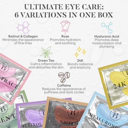 Variety under Eye Patches (30 Pairs) - Eye Mask for Dark Circles, Puffy Eyes & Wrinkles - 6 Varieties with Hyaluronic Acid, Green Tea, Rose, 24K Gold, Retinol, Collagen & Caffeine